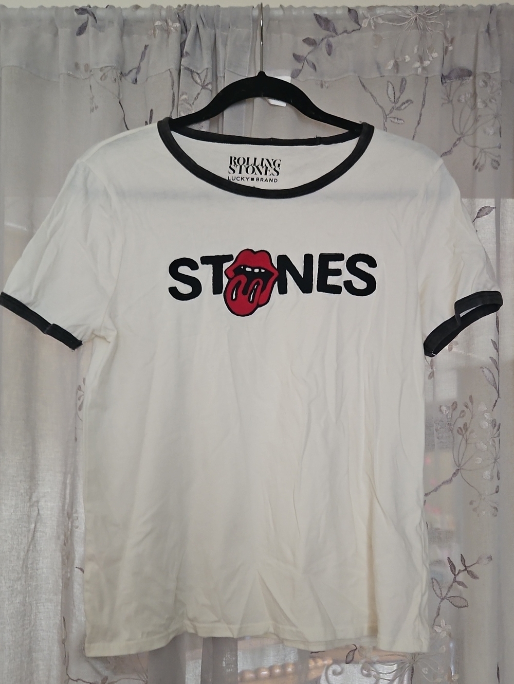 Lucky Brand White Rolling Stones Logo Tee with Black Trim